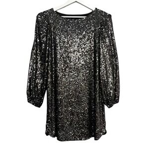 Aqua Dress Womens Medium Black Silver Sequin Long Sleeve Mini Party Holiday Glam